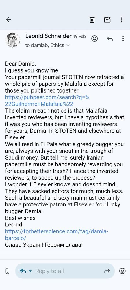 Leonid says that only Elsevier and Barcelo received this message. 

Some speculate that these guys are a reputation management effort and that they offer this as a service. "Retaliate against your critics!"

Of course forgetting about the Streisand Effect along the way.