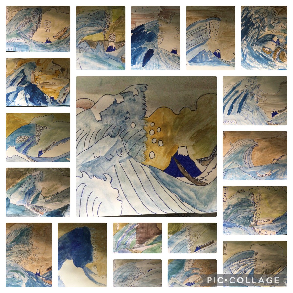 Trying to capture the movement of Hokusai’s Great Wave using our brushstrokes and different tones and shades of blue and ochre. Drama at its best.🌊🌊🌊🌊🌊🌊🌊