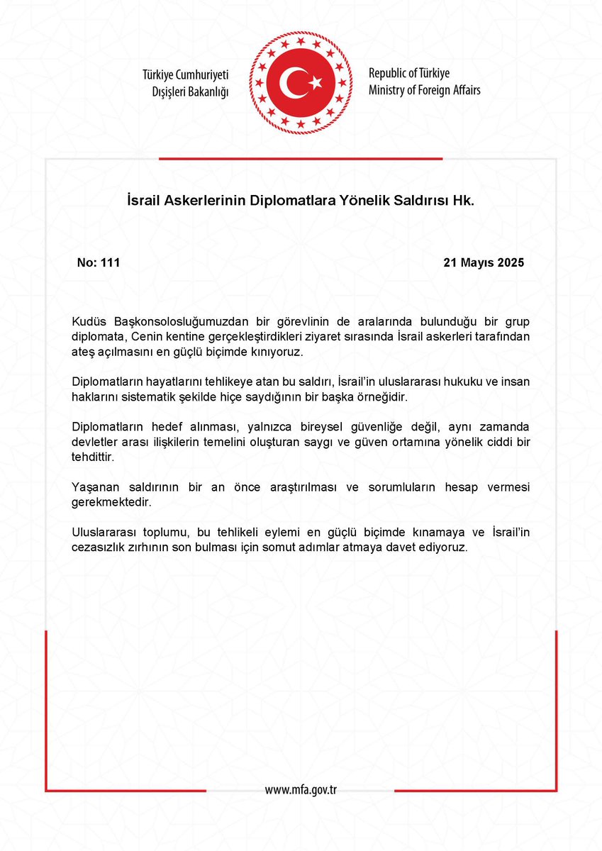 İsrail Askerlerinin Diplomatlara Yönelik Saldırısı Hk. mfa.gov.tr/no_-111_-israi…