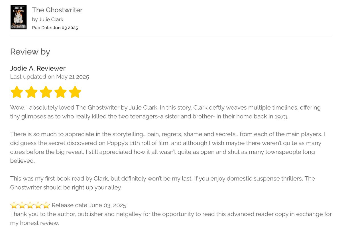 📚#bookreviews THE GHOSTWRITER by Julie Clark is a fantastic domestic suspense that weaves storylines from 1973 and the present very successfully. Highly recommend! ⭐️⭐️⭐️⭐️⭐️ #netgalley #TheGhostwriter