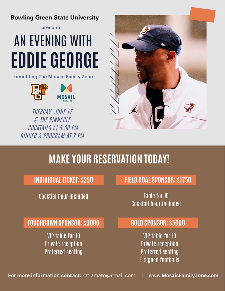BCSN (@bcsnsports) on Twitter photo Don't miss out on "An Evening with Eddie George" 🟠🟤 on June 17th at The Pinnacle, benefiting <a href="/mosfamzone/">Mosaic Family Zone</a>.
<a href="/EddieGeorge2727/">Eddie George</a>
Get your tickets to see the <a href="/BG_Football/">BGSU Football</a> Coach now or watch the broadcast live on the BCSN+ app!
🎟️ tinyurl.com/2vzu8mjh Don't miss out on "An Evening with Eddie George" 🟠🟤 on June 17th at The Pinnacle, benefiting <a href="/mosfamzone/">Mosaic Family Zone</a>.
<a href="/EddieGeorge2727/">Eddie George</a>
Get your tickets to see the <a href="/BG_Football/">BGSU Football</a> Coach now or watch the broadcast live on the BCSN+ app!
🎟️ tinyurl.com/2vzu8mjh