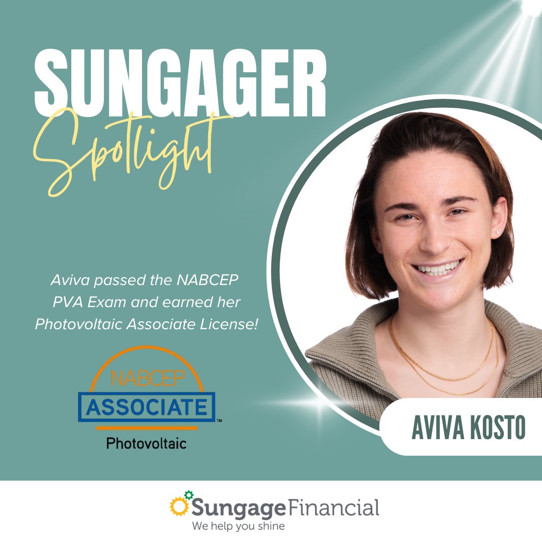Sungage's tweet image. Congratulations to our Solar Finance Specialist, Aviva Kosto, on passing the @NABCEP PVA Exam and earning her Photovoltaic Associate License. We’re proud to celebrate Sungagers like Aviva who are eager to keep learning and growing in the solar industry.

#NABCEP #SungageFinancial