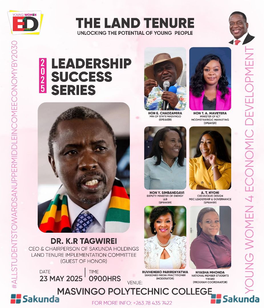 Chamakuvangu Huruyadzo (@5millionvotes) on Twitter photo YOUNG WOMEN4ED PRESENTS LEADERSHIP SUCCESS SERIES
THEME:- UNLOCKING THE POTENTIAL OF YOUNG PEOPLE
23 - 05 -2025 , Minister of <a href="/MICTPCS_ZW/">Ministry of ICT, Postal & Courier Services - Zim</a>,
Hon <a href="/TateMavetera/">Hon Tatenda.A. Mavetera</a>, will be in Masvingo Province for the Land Tenure Program.
It's a Must Attend!!
<a href="/youngwomen4ed1/">youngwomen4ed</a> YOUNG WOMEN4ED PRESENTS LEADERSHIP SUCCESS SERIES
THEME:- UNLOCKING THE POTENTIAL OF YOUNG PEOPLE
23 - 05 -2025 , Minister of <a href="/MICTPCS_ZW/">Ministry of ICT, Postal & Courier Services - Zim</a>,
Hon <a href="/TateMavetera/">Hon Tatenda.A. Mavetera</a>, will be in Masvingo Province for the Land Tenure Program.
It's a Must Attend!!
<a href="/youngwomen4ed1/">youngwomen4ed</a>