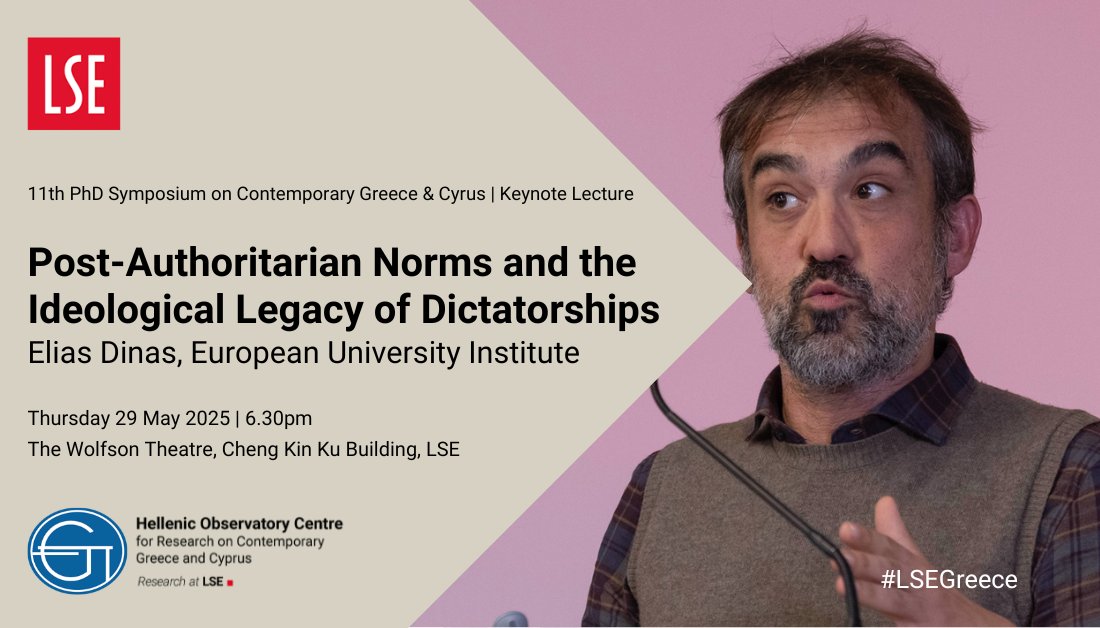 Professor Elias Dinas, a leading scholar in political behaviour and institutional legacies, will present the keynote lecture of the HOC's 11th PhD Symposium on Contemporary Greece &amp; Cyprus 🗣️

Join us on Thursday 29 May at 6.30pm 📅

Register today 👇

tinyurl.com/4c5hxb47