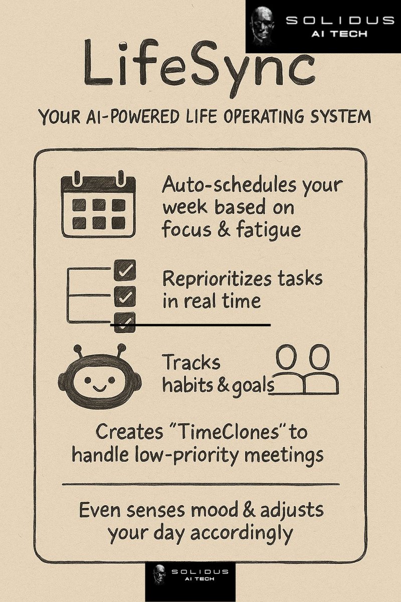 kabashingpriest's tweet photo. 1:
Meet LifeSync — your AI-powered Life Operating System.
It doesn’t just manage your calendar. It understands your energy, goals, and context to run your life smarter.
Here’s why it’s my dream AI agent:
@agentforgeinc @AITECHio #AFC5 https://t.co/TPq2pi9Hbt