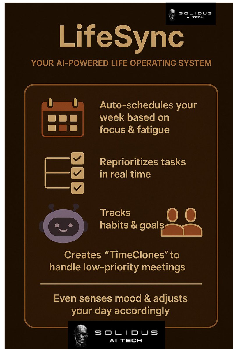 kabashingpriest's tweet photo. 1:
Meet LifeSync — your AI-powered Life Operating System.
It doesn’t just manage your calendar. It understands your energy, goals, and context to run your life smarter.
Here’s why it’s my dream AI agent:
@agentforgeinc @AITECHio #AFC5 https://t.co/TPq2pi9Hbt