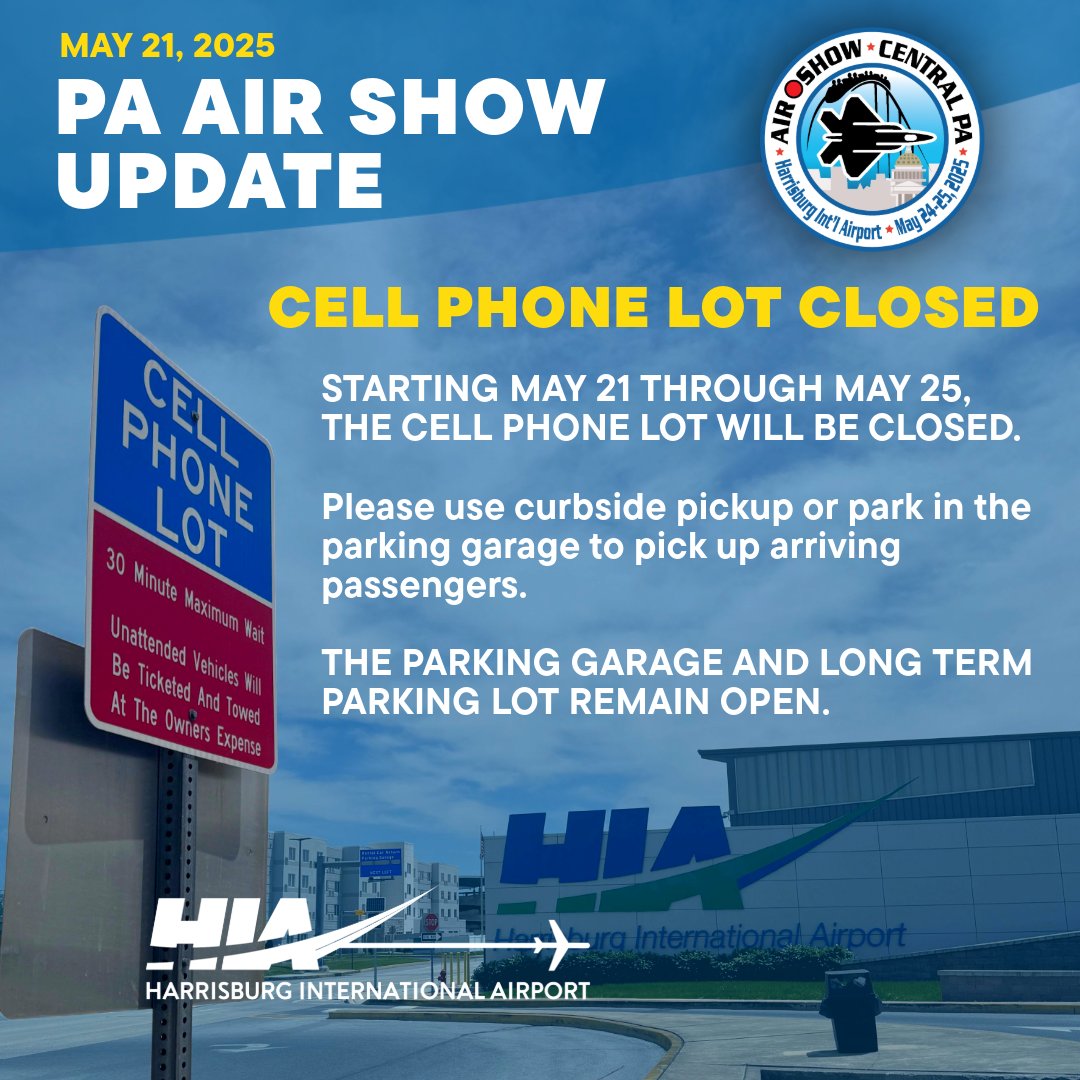 ✈️ PA Air Show Update: Cell phone lot closed through May 25. Picking up? Use curbside or park in the garage. Long-term and garage parking remain open. Thanks for your patience!
