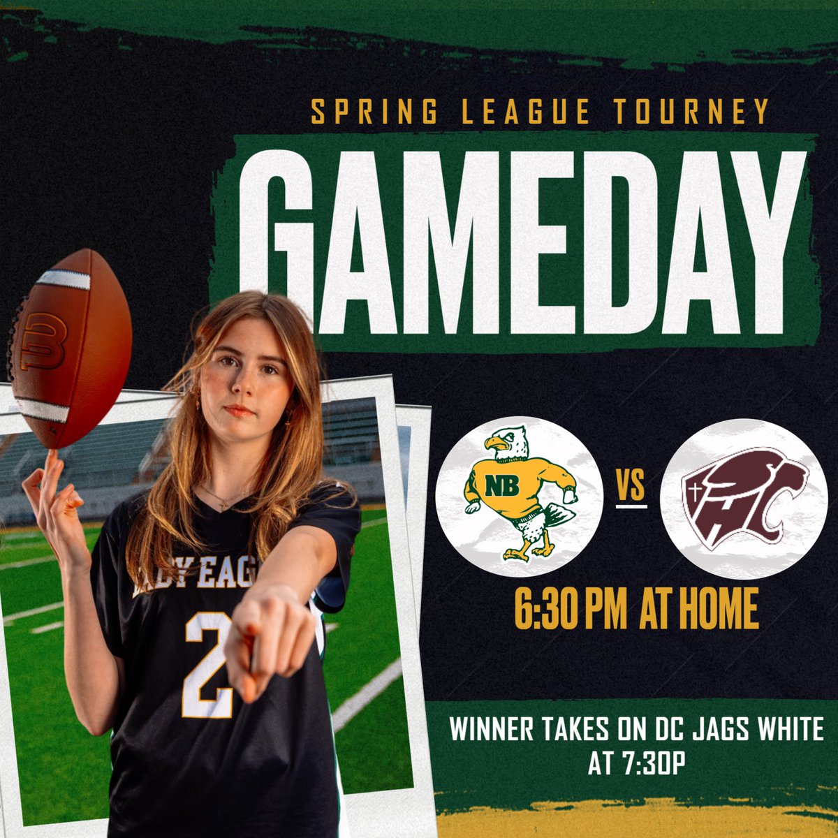 Eagle Fans…It’s GAMEDAY!

📍 @ Home
🦅 $5 Cash Gate
📺 Livestream available for free on Hudl Fan

6:30p #4 NB vs #5 Holy Cross
7:30p #1 DC Jags White vs #4 NB / #5 HC 
8:30p #2 Assumption vs #2 DC Jags Black

#BuiltDifferent | #FutureofFootballisFemale | #GirlsFlagFootball