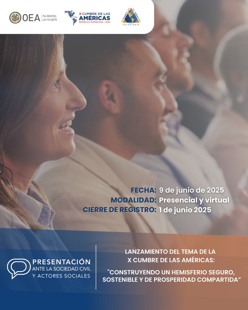 Convocamos a sociedad civil y actores sociales al lanzamiento del tema de la X Cumbre de las Américas:

“Construyendo un Hemisferio Seguro, Sostenible y de Prosperidad Compartida”

Durante el evento se presentará el tema central de la X Cumbre, se hablará sobre su relevancia para