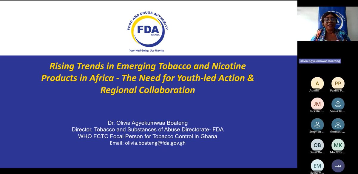 Statistics from the Ghana Survey Report 2023 shows 4.8% prevalence rate in the use of emerging tobacco and nicotine products among young people and 9.3% and 23% among men and women., said Dr. Olivia Boateng of <a href="/fdaghana/">FDAGhana</a> during the African Regional Webinar ahead of #WNTD2025.