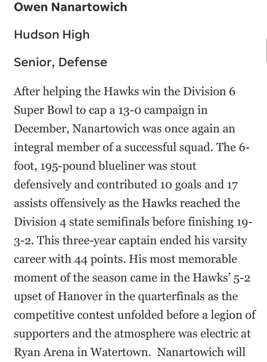 Shoutout to <a href="/HHSHawksFB/">Hudson High School Hawks Football 🦅🦅🦅</a> Captain <a href="/OwenNanartowich/">Owen Nanartowich</a> on being named to the <a href="/tgsports/">Worcester T&G Sports</a> Boys Hockey All Star Super Team! Owen also made it for football and is a true student athlete here at Hudson! <a href="/Salve_Football/">Salve Regina Football</a> got a great one! Congrats on a fantastic career here!