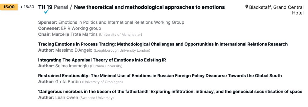 BISAWG Emotions in Politics and IR (@bisawg_emotions) on Twitter photo 🚨 BISA 2025 Conference Panel Alert: New Theoretical and Methodological Approaches to Emotions
📍 Blackstaff Room, Grand Central Hotel
🗓️19/06 / 15:00-16:30hs.
Sponsored by the <a href="/BISAWG_Emotions/">BISAWG Emotions in Politics and IR</a>
#Belfast2025 #EPIR #EmotionsInIR #AffectInIR 🚨 BISA 2025 Conference Panel Alert: New Theoretical and Methodological Approaches to Emotions
📍 Blackstaff Room, Grand Central Hotel
🗓️19/06 / 15:00-16:30hs.
Sponsored by the <a href="/BISAWG_Emotions/">BISAWG Emotions in Politics and IR</a>
#Belfast2025 #EPIR #EmotionsInIR #AffectInIR