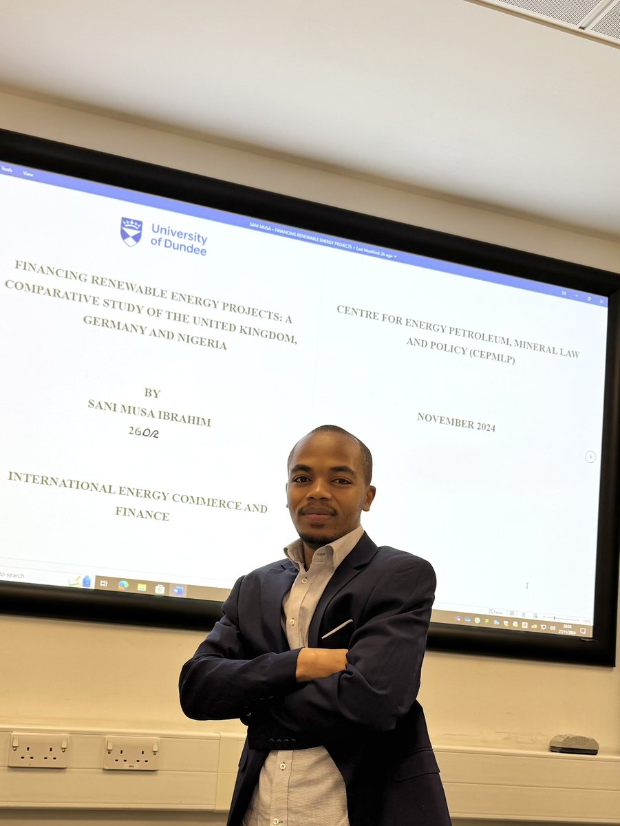 SaniMusa_'s tweet photo. Dear all,

I’m happy to share a milestone I reached a few months ago here at the University of Dundee.

After months of intense research my dissertation, “Financing Renewable Energy Projects: A Comparative Study of the UK, Germany, and Nigeria”—has been awarded an A grade. https://t.co/yBIMiXKqwl