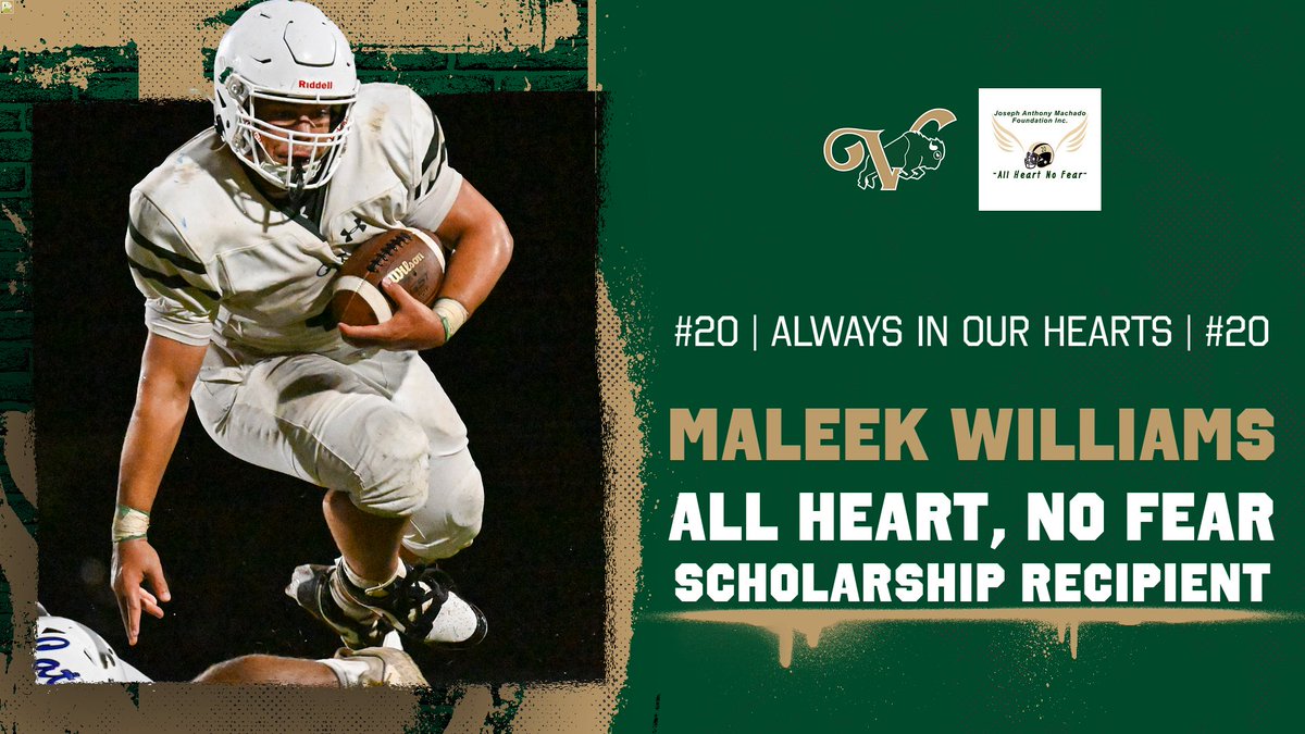 VHS Football (@vhsfootballfbt) on Twitter photo Congratulations to VHS senior Maleek Williams on earning the 2025 Joseph Machado “All Heart, No Fear” Memorial Scholarship.
We’re honored to continue to keep the spirit and legacy of #20 within our program.
Thank you, <a href="/JoeMachado20/">Joseph Anthony Machado Foundation Inc.</a> Foundation! Congratulations to VHS senior Maleek Williams on earning the 2025 Joseph Machado “All Heart, No Fear” Memorial Scholarship.
We’re honored to continue to keep the spirit and legacy of #20 within our program.
Thank you, <a href="/JoeMachado20/">Joseph Anthony Machado Foundation Inc.</a> Foundation!
