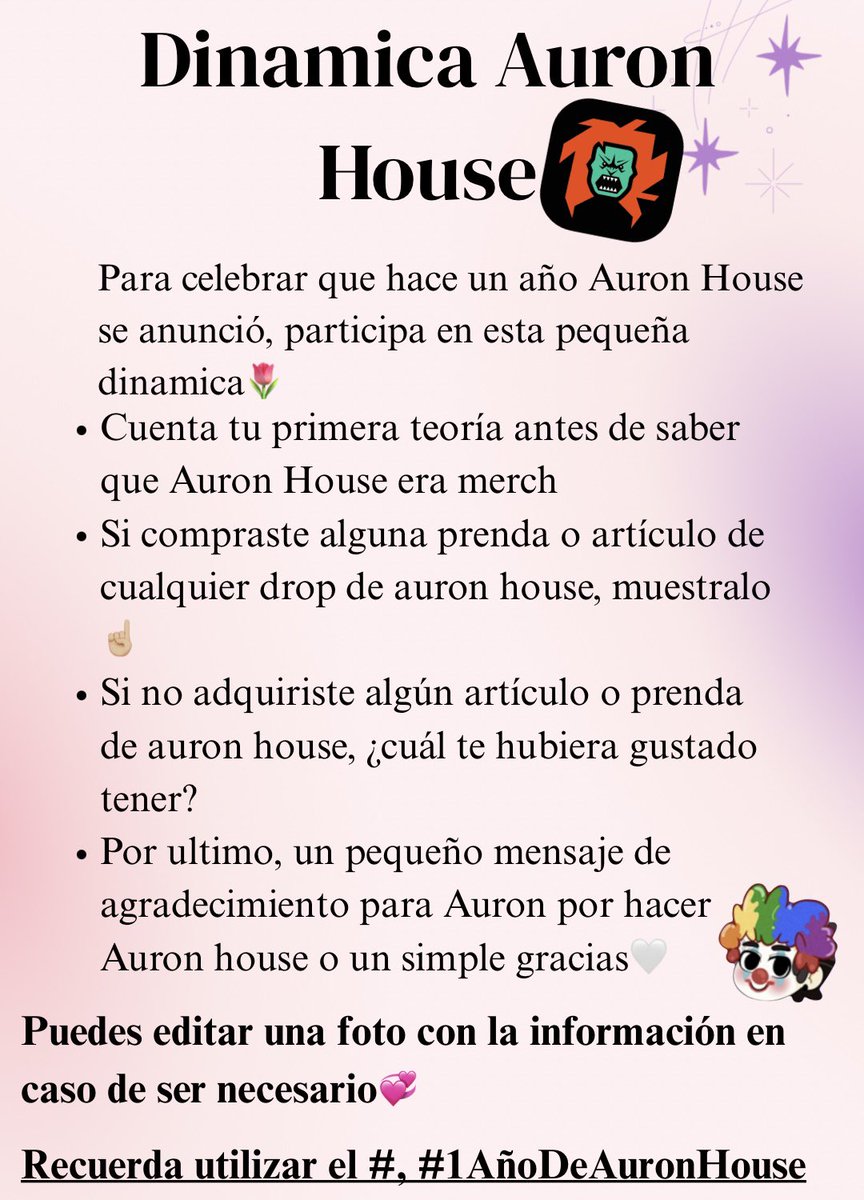🚨1 AÑO DE AURON HOUSE🚨
Como todos sabemos hoy se cumple un año de auron house y se me ocurrió una dinámica express para festejar y pasar el rato, les dejo abajo la información🤍
El que guste participar es bienvenid@, recuerden utilizar el # en su tweet, muchas gracias🥹🤍