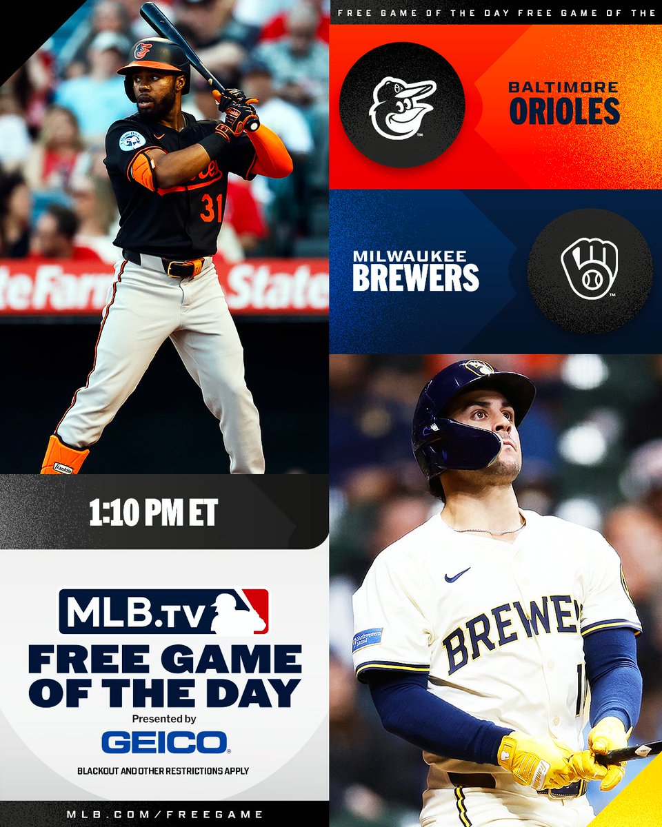 MLB.TV (@mlbtv) on Twitter photo The <a href="/Brewers/">Milwaukee Brewers</a> go for a 4th straight win as they take on the <a href="/Orioles/">Baltimore Orioles</a> in Milwaukee.
Watch for FREE at 1:10 PM ET on #MLBTV
(MLB x GEICO) The <a href="/Brewers/">Milwaukee Brewers</a> go for a 4th straight win as they take on the <a href="/Orioles/">Baltimore Orioles</a> in Milwaukee.
Watch for FREE at 1:10 PM ET on #MLBTV
(MLB x GEICO)