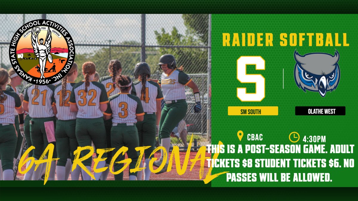 Raider softball travels to CBAC today for regional softball. Reminder, this is a post-season KSHSAA event, and no passes will be allowed. Good luck <a href="/smssoftball_/">Shawnee Mission South Softball</a>