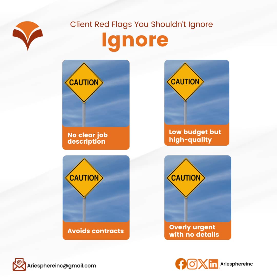 ariesphereinc's tweet photo. Trust your gut, AND your research. Don't ignore these Red flags.🚩
You deserve good clients who value your time and work.
Need help vetting clients? Let’s talk.

 #FreelanceWisdom #ClientRedFlags #AIForFreelancers #remotework #freelancer #freelancetools #upworktip #AriesphereInc https://t.co/qq7FIOe53Z