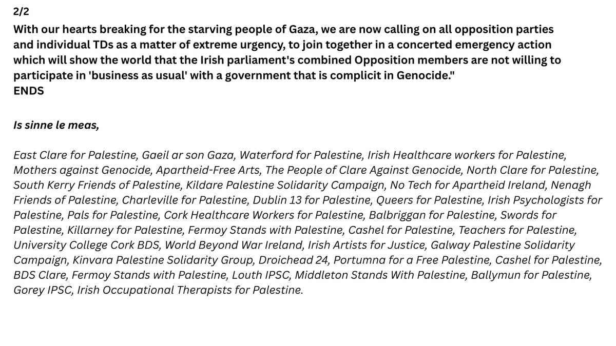 📢 Calling all Opposition TDs and parties: A STATEMENT FROM 39 IRISH ANTI-GENOCIDE GROUPS. 📢 An urgent call to action. Force the govt into action‼️ Act together to highlight their complicity with Israel! Please act together now, before 14,000 more children die a horrific death‼️