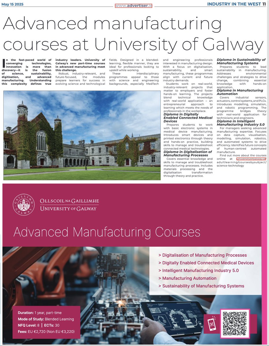 Adult Learning University of Galway (@unigalway_adult) on Twitter photo Just in case you missed our article in last week's 'Industry in the West' supplement <a href="/galwayad/">Galway Advertiser</a> ⬇️
Find out more about our new suite of courses at: universityofgalway.ie/adult-learning…
#advancedmanufacturing #courses #UniversityOfGalway #scienceandtechnology Just in case you missed our article in last week's 'Industry in the West' supplement <a href="/galwayad/">Galway Advertiser</a> ⬇️
Find out more about our new suite of courses at: universityofgalway.ie/adult-learning…
#advancedmanufacturing #courses #UniversityOfGalway #scienceandtechnology