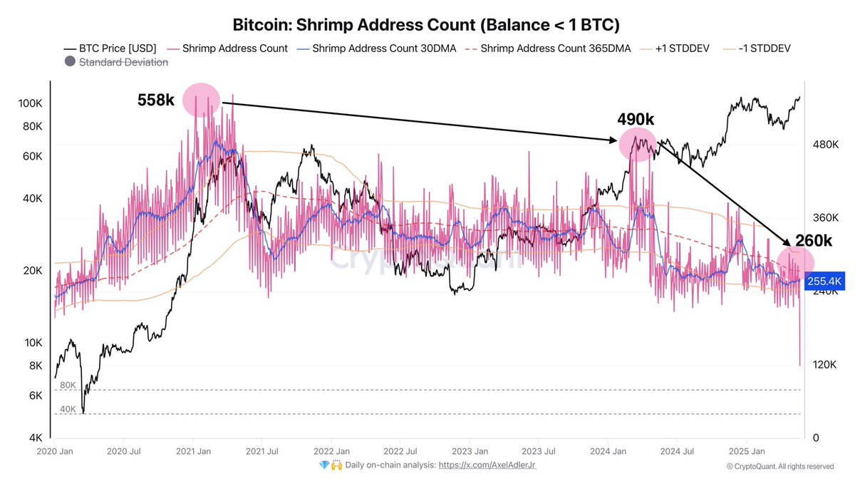 Darkfost_Coc's tweet photo. There’s been a lot of talk about retail investors during this cycle, and here’s one more piece of evidence showing they remain relatively missing, despite BTC hitting multiple ATHs since 2021.

Today, we’re seeing the lowest number of addresses categorized as "shrimps" (holding <1 BTC) since 2021.
 — Back at the 2021 ATH, there were around 590 000 shrimp addresses. 
At the April 2024 ATH, that number had dropped to 490 000, and today, with another ATH just around the corner, we’re down to only 260 000.—

💡We can also observe that the 30-day average is evolving well below the yearly average.

👉🏼 This clearly shows a lack of retail enthusiasm, and further confirms that BTC network activity remains fairly weak.

While it's worth noting that some addresses may have changed category over time as they accumulated more BTC but this only concerns a minority.