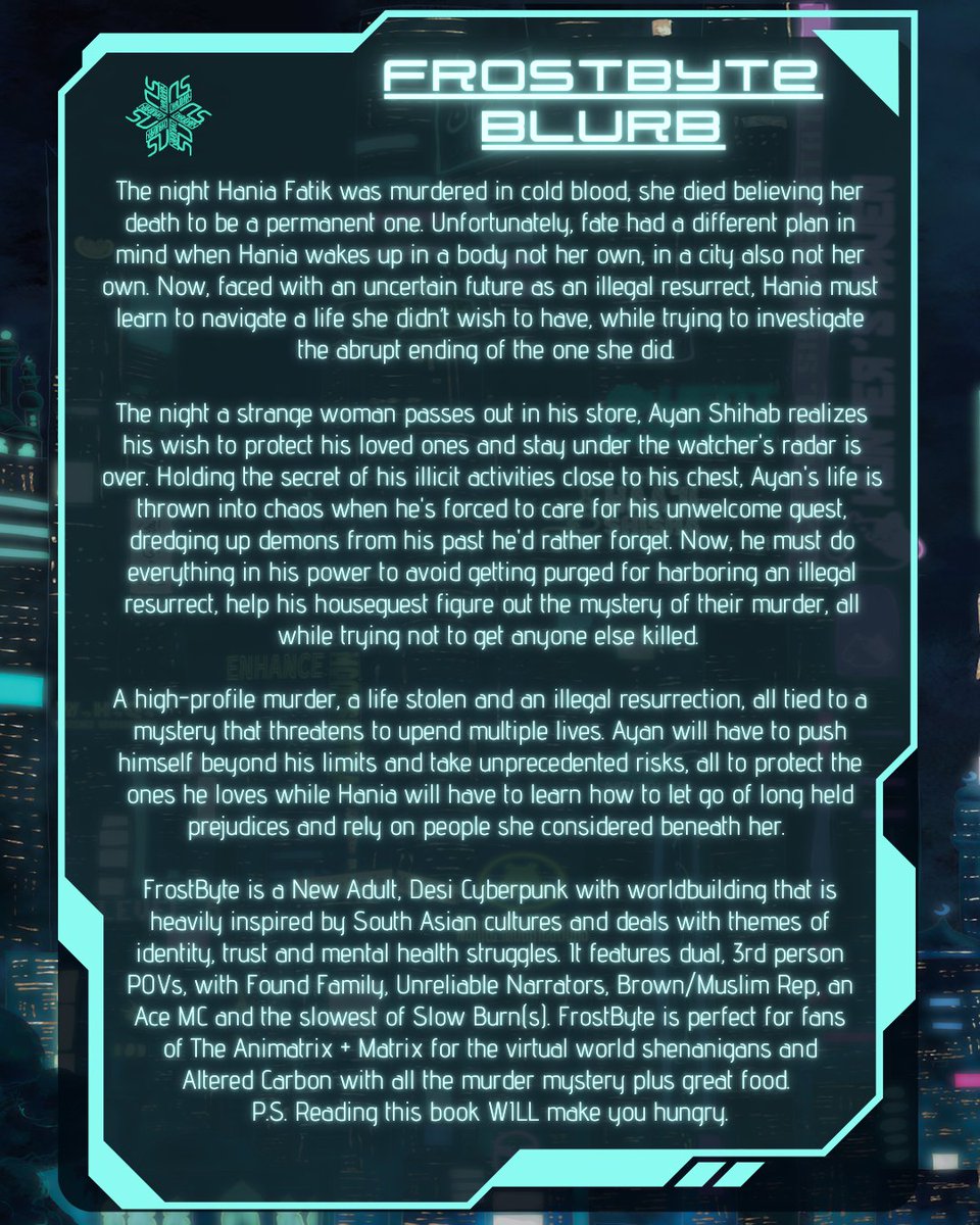nimmiwrites's tweet photo. Can I interest you in a Desi Cyberpunk riches to rags story ft. spicy food, too much caffeine consumption &amp; ride or die kinda Found Family?
What if I mentioned there's snarky AIs &amp; virtual world shenanigans? Mental health rep? An Ace MC? Dual POV? Morally Grey Characters? 👇🏻👇🏻 https://t.co/ET28C86ZXK