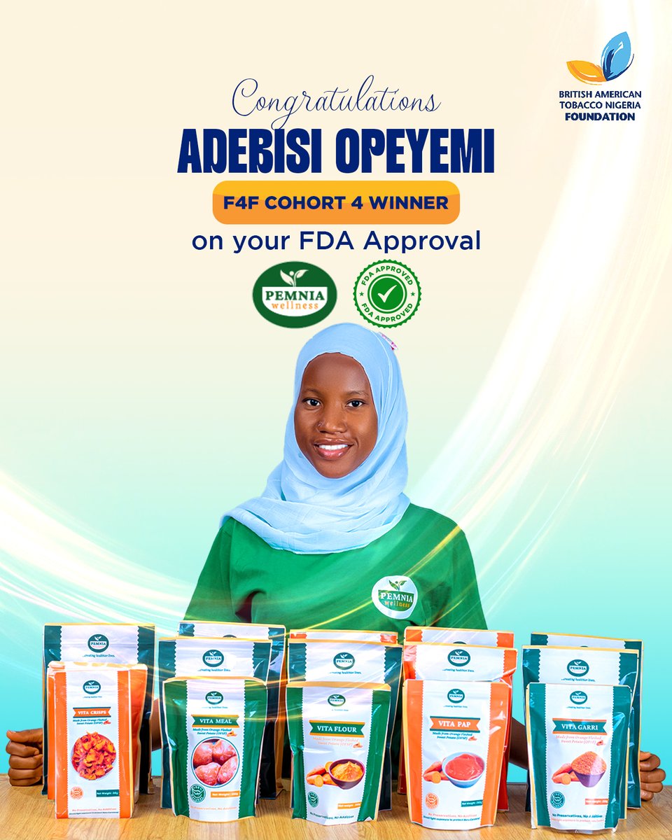 BATNFoundation's tweet photo. Today, we extend our heartfelt congratulations to @aminatadebisii , the founder of @pemniawellness and one of our Farmers for the Future Cohort 4 grant winners, on receiving FDA approval for her products.
Well done Adebisi.
We're incredibly proud of you.
#F4F #BATNF #FDA https://t.co/O7xdX8KwH6