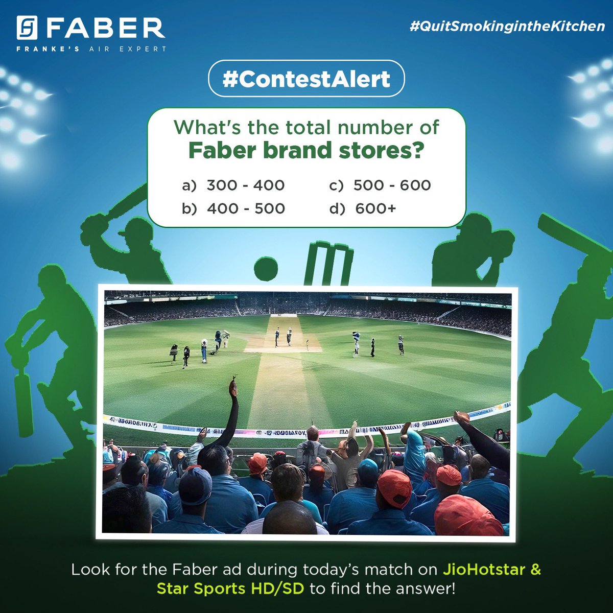 #ContestAlert

Enjoy today’s match on JioHotstar or Star Sports HD/SD, and keep an eye out for the Faber ad. Find the answer and share it in the comments!

How to enter:
✅ Follow us
✅ Share this post
✅ Tag 3 friends in the comments using 

#QuitSmokingInTheKitchen