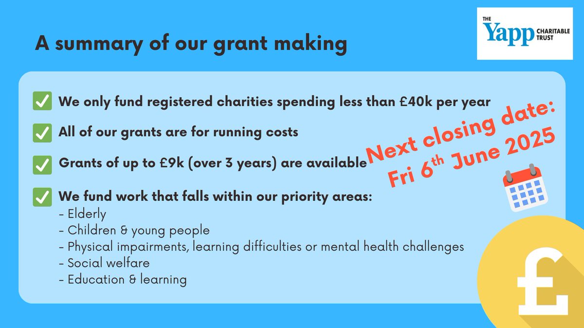 Yapp Charitable Trust (@yapptrust) on Twitter photo 📢 APPROACHING DEADLINE! 📢
We are now considering applications for our summer meeting in July.
If your charity spends less than £40k per year and needs funding towards running costs, we could help.
Any queries?
📧 info@yappcharitabletrust.org.uk
yappcharitabletrust.org.uk 📢 APPROACHING DEADLINE! 📢
We are now considering applications for our summer meeting in July.
If your charity spends less than £40k per year and needs funding towards running costs, we could help.
Any queries?
📧 info@yappcharitabletrust.org.uk
yappcharitabletrust.org.uk