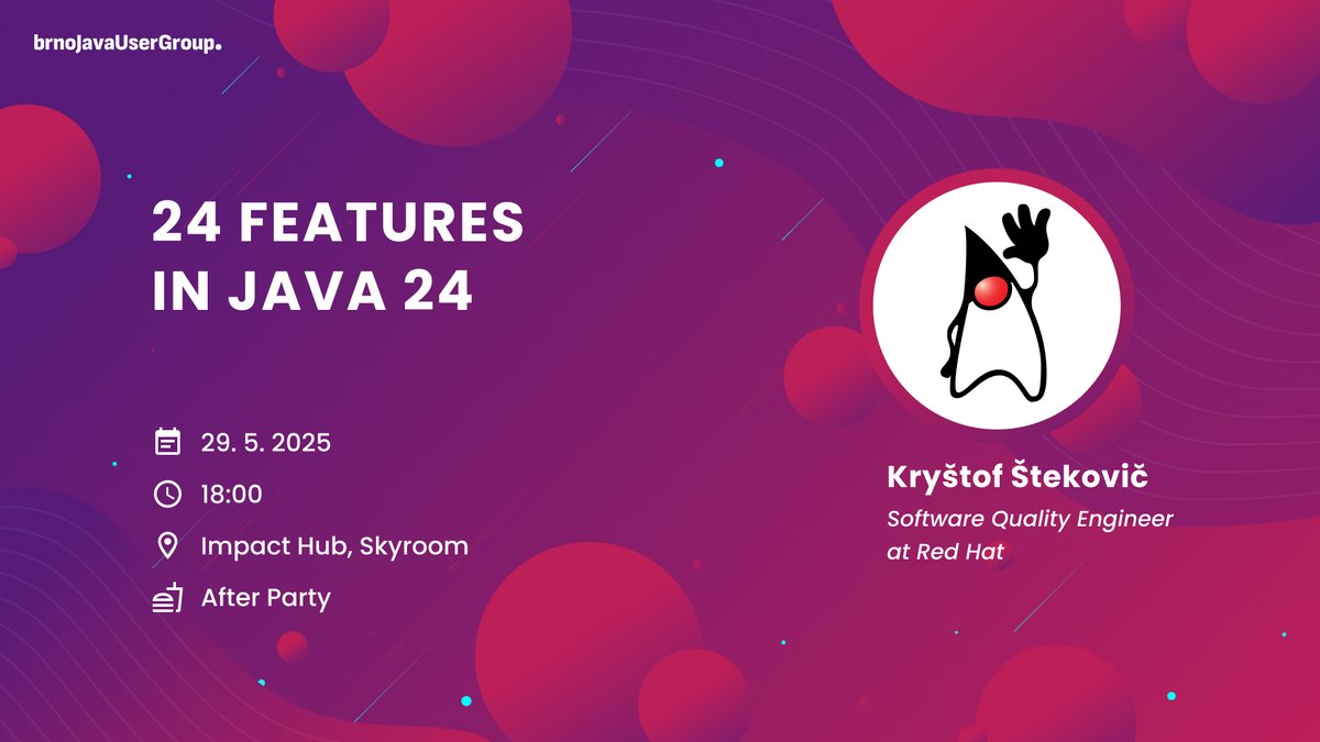 #bJUG talk announcement!

24 features in Java 24

Kryštof Štekovič (<a href="/RedHat/">Red Hat</a>)

29. 5. 2025 18:00 @impacthubbrno Skyroom &amp; youtube.com/live/dRBnR2doM…

meetup.com/brno-java-meet…