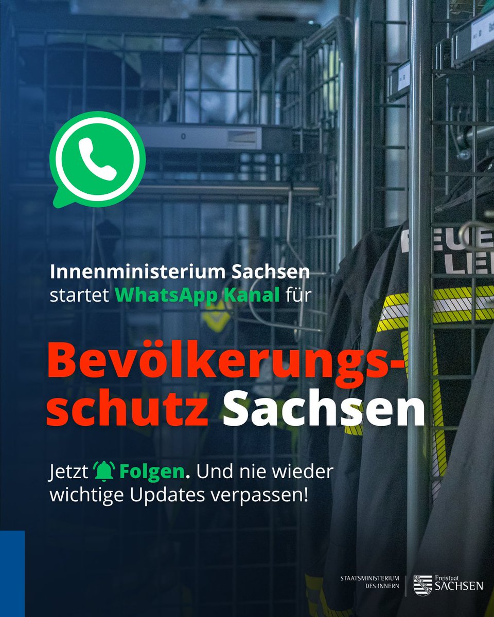 Das Innenministerium #Sachsen ist ab sofort auch auf #WhatsApp 💬 zu finden 🎉

Dort erhältst Du regelmäßig wichtige Informationen rund um den Katastrophen- und #Bevölkerungsschutz 🚒🚑, ob bei geplanten Maßnahmen oder im Ernstfall – wir halten Dich auf dem Laufenden und stellen