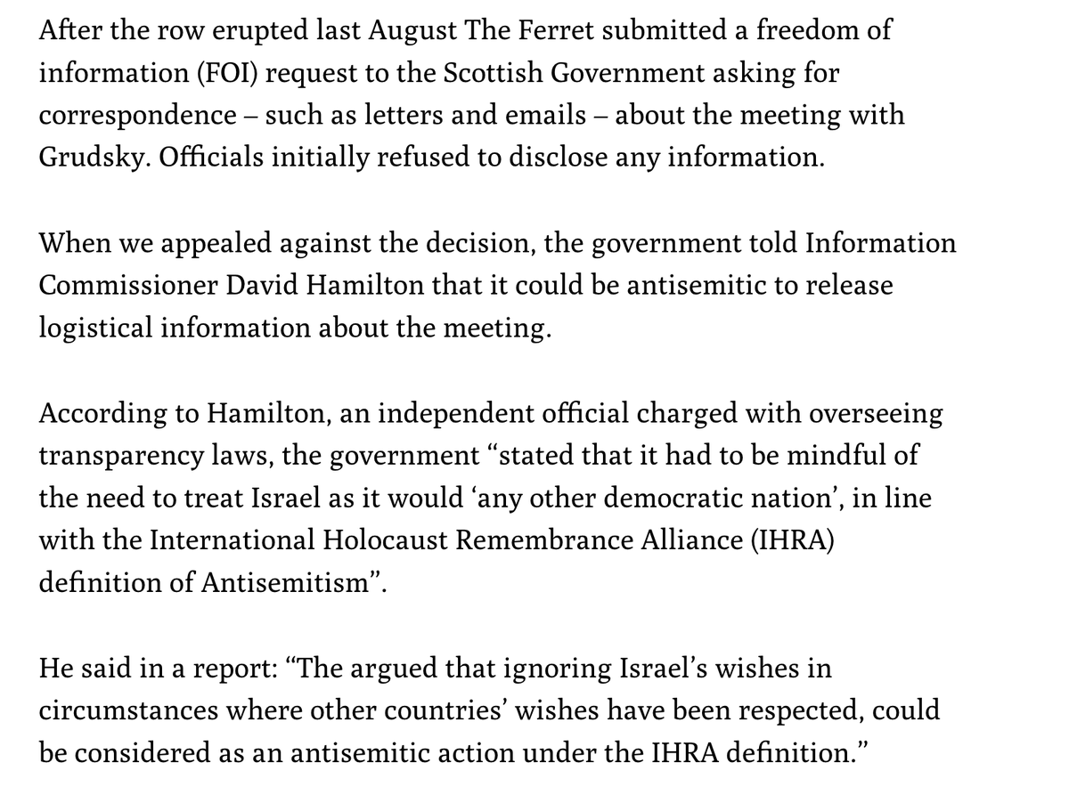 I put in an FOI for correspondence about Angus Robertson's meeting with the deputy Israeli ambassador.

The Scottish Government told the Information Commissioner that releasing the information "could be considered as an antisemitic action".

Yes, really!