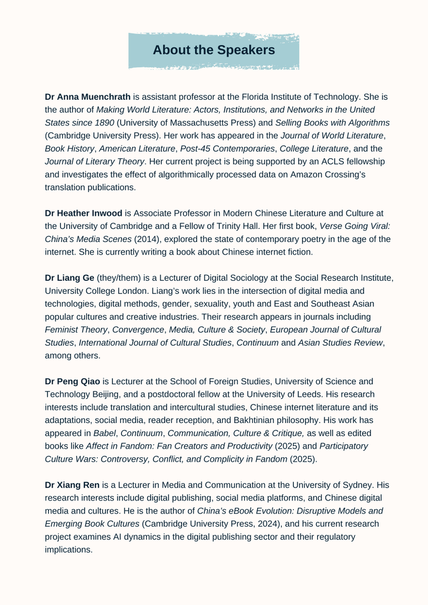 Wenqian Zhang (@wenqian_zhang3) on Twitter photo 📣Join us for an online symposium on "Transnational literary production and consumption in the digital age"
📅Date: 17 June 2025, 12:00-14:30 London time
💻Venue: Microsoft Teams
🔗To register: forms.office.com/e/zeMucwgpiB
<a href="/UoETranslationF/">UofE Translational Funding</a> #UoEAHRC_IAA #UoETranslationalFunding 📣Join us for an online symposium on "Transnational literary production and consumption in the digital age"
📅Date: 17 June 2025, 12:00-14:30 London time
💻Venue: Microsoft Teams
🔗To register: forms.office.com/e/zeMucwgpiB
<a href="/UoETranslationF/">UofE Translational Funding</a> #UoEAHRC_IAA #UoETranslationalFunding
