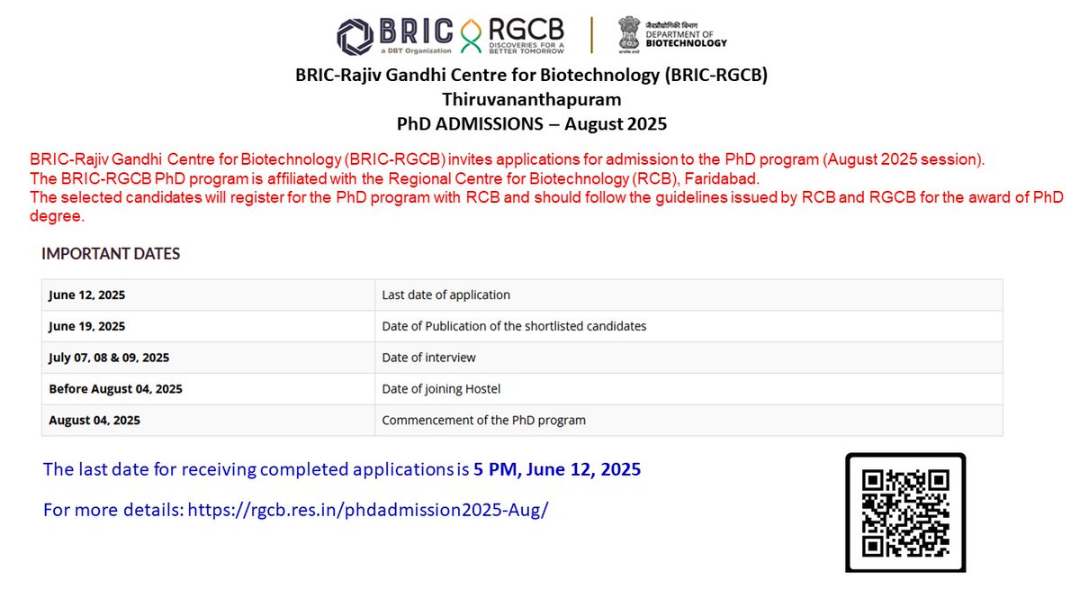 RGCB_Trivandrum's tweet photo. 1/4 BRIC-RGCB invites applications for admission to the PhD program (August 2025 session) in various domains of disease biology, neurobiology, bioinformatics, and plant science. 
@DrJitendraSingh
@rajesh_gokhale
@DBTIndia
@IndiaDST
@BricDbt7510 https://t.co/VLfbvTAN6A