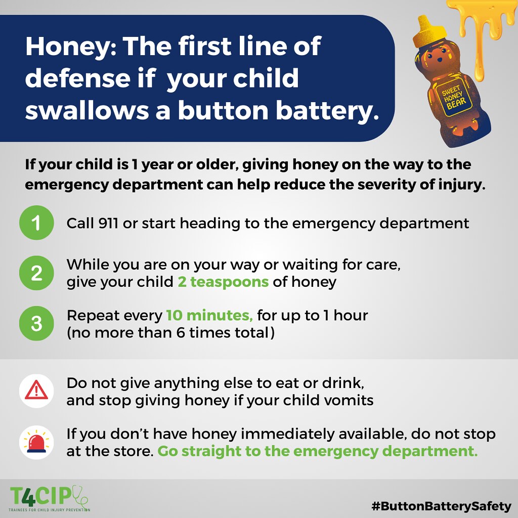 JordanPizzarro's tweet image. Giving 2 teaspoons of honey can be helpful and protective against injury if your child is one year or older! However, if you do not have honey readily available, DO NOT stop at the store. It is better to go straight to the Emergency Department #ButtonBatterySafety
