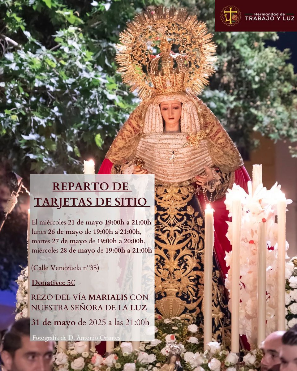 HdadTrabajoyLuz's tweet photo. #Actualidad • Desde hoy miércoles 21 de mayo hasta el próximo miércoles 28 de mayo, se podrán retirar las #tarjetas de sitio en nuestra Casa de #Hermandad para el rezo del Vía #Marialis junto a Nuestra Señora de la #Luz.

(1/2) https://t.co/jcfl8EY3yX