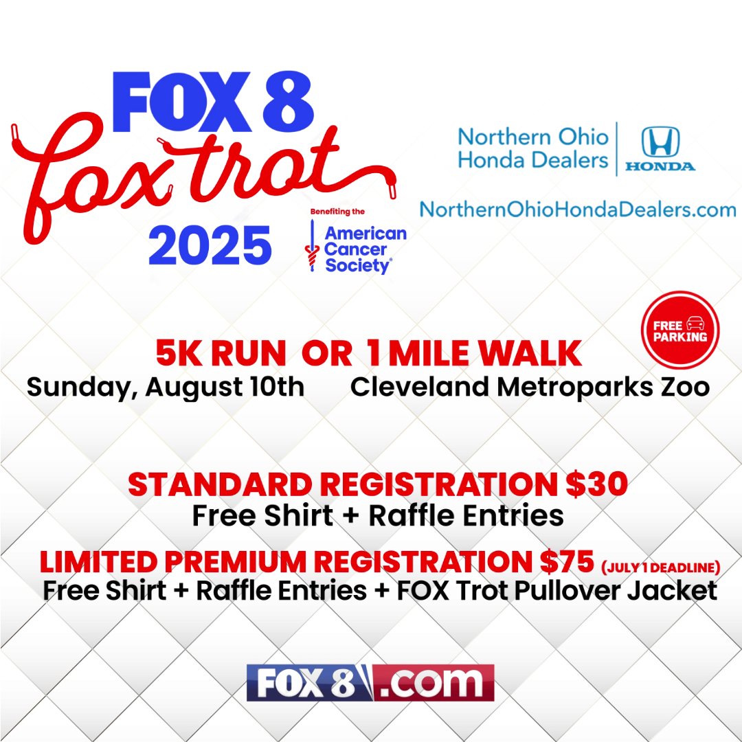 Fox8FoxTrot's tweet photo. With @WayneDawsonFox8 leading the charge, Fox 8 is proud to support @AmericanCancer for the 2025 Fox 8 Fox Trot! 

Register now for the 5K run or 1 Mile Walk at @clemetzoo on Sunday, August 10. 

Register Here: https://t.co/oiX4OY9Icn

We hope to see you on race day! https://t.co/RgaiBbjRH3