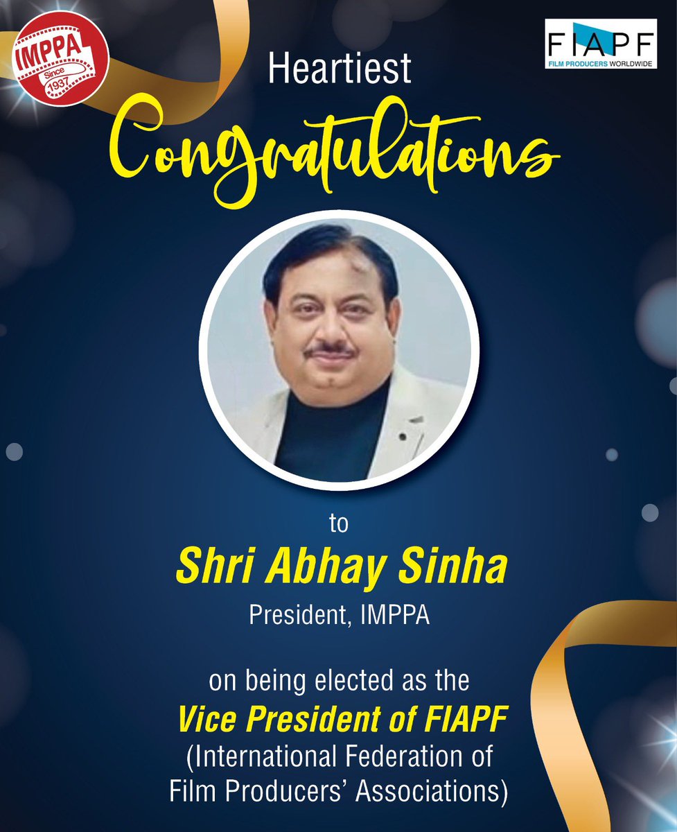 taran_adarsh's tweet photo. PROUD MOMENT FOR IMPPA: IMPPA PRESIDENT ABHAY SINHA ELECTED VICE PRESIDENT OF FIAPF... In a moment of immense pride for the #Indian film industry, #AbhaySinha, President of the Indian Motion Picture Producers' Association [#IMPPA], has been unanimously elected as the Vice President of the International Federation of Film Producers Associations [#FIAPF].

#FIAPF, the global apex body representing film producers from over 30 countries, held its FIAPF Annual General Assembly on 17 May 2025 in #Cannes, #France.