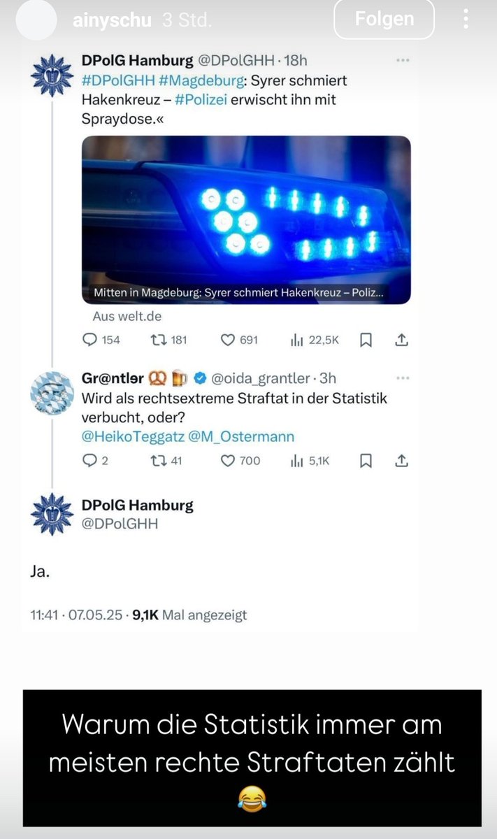 Die "Journalistin" Anabel Schunke hat das in ihre IG Story gepostet. Keine Ahnung, wo die ihre Ausbildung gemacht hat, aber ja: Hakenkreuze sind rechte Straftaten. Ändert sich mit der Herkunft auch nicht. Amateuren muss man auch alles erklären...
