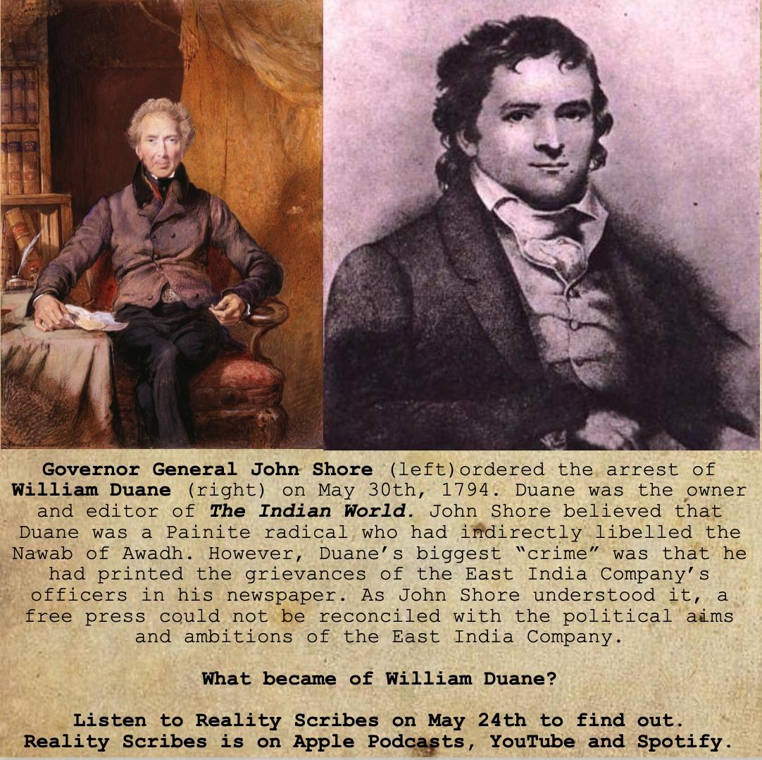 RealityScribes's tweet photo. GG John Shore ordered the arrest of William Duane because of his "radical" ideas, especially regarding #freedomofpress to stop his newspaper The World. To know what happened to Duane, listen to ep 5 of #RealityScribes on May 24th on YouTube, Spotify and Apple Podcasts. https://t.co/Vd3guISsuP