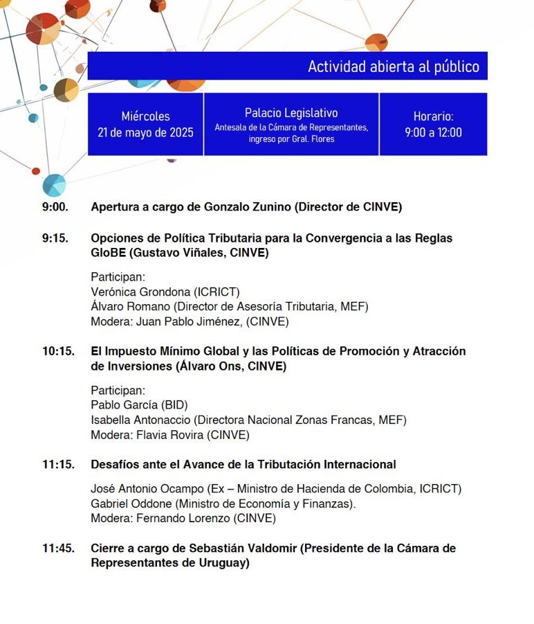 Icrict (@icrict) on Twitter photo 🚨AHORA🚨
<a href="/JoseA_Ocampo/">Jose Antonio Ocampo</a> exministro 🇨🇴, <a href="/OddoneGabriel/">Gabriel Oddone</a>
Ministro Econ 🇺🇾 y Verónica Grondona, policy advisor de <a href="/ICRICT/">Icrict</a> en seminario
"Impuesto mínimo global y Uruguay..."
Aquí: youtube.com/live/ygR_678_Z…
⏰9.15 hs.
📅 21/05.
#TAxThePower #TaxTheSuperRich
<a href="/CINVE_uy/">CINVE</a> 🚨AHORA🚨
<a href="/JoseA_Ocampo/">Jose Antonio Ocampo</a> exministro 🇨🇴, <a href="/OddoneGabriel/">Gabriel Oddone</a>
Ministro Econ 🇺🇾 y Verónica Grondona, policy advisor de <a href="/ICRICT/">Icrict</a> en seminario
"Impuesto mínimo global y Uruguay..."
Aquí: youtube.com/live/ygR_678_Z…
⏰9.15 hs.
📅 21/05.
#TAxThePower #TaxTheSuperRich
<a href="/CINVE_uy/">CINVE</a>