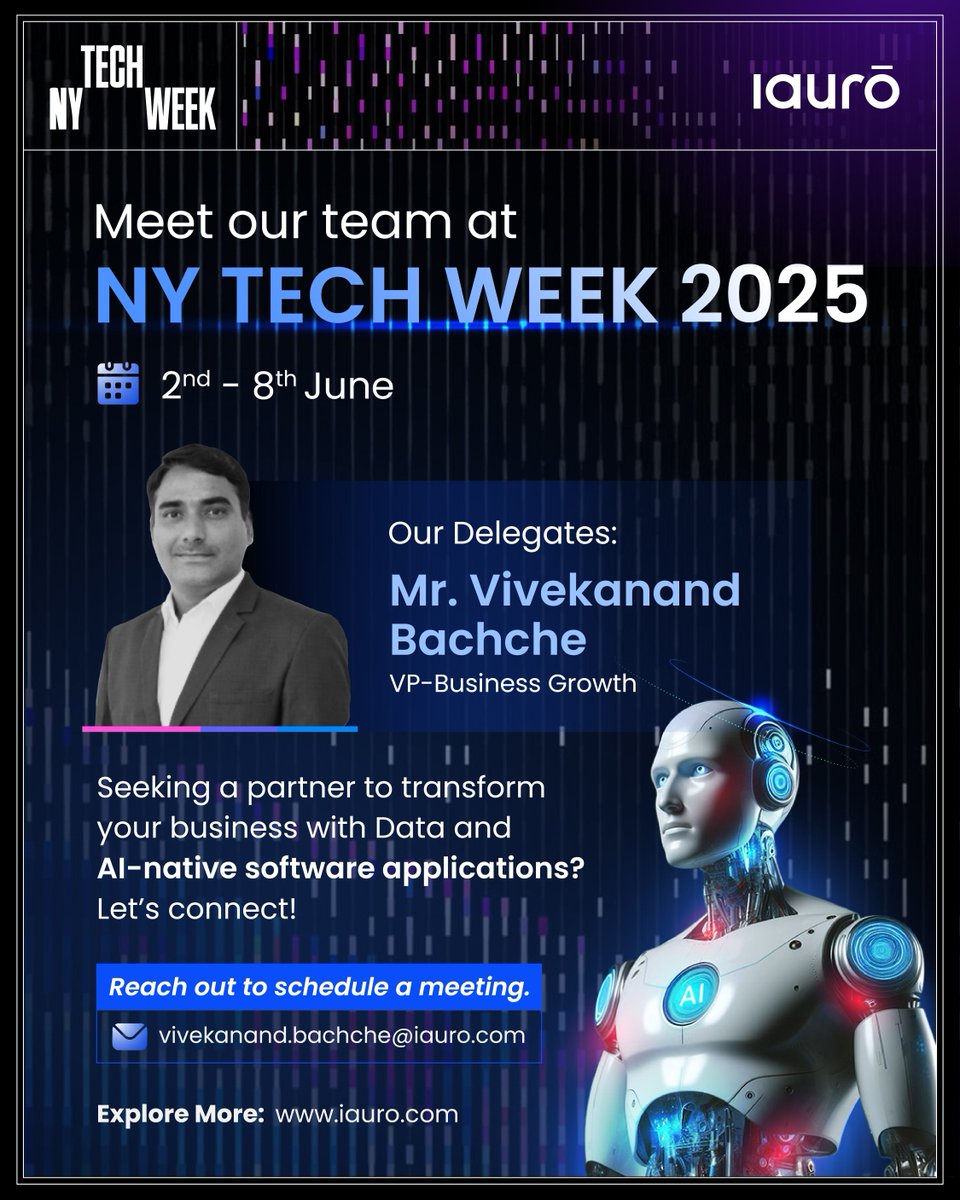 iauro's tweet photo. We’re heading to #NYTechWeek! 🚀
Join us in NYC (May 31–June 6) as we dive into AI-native solutions, enterprise AI readiness &amp; agentic AI.
Let’s connect and explore how AI can transform your business.
#AINative #iAuroInUSA #FutureOfWork #AIforBusiness https://t.co/HnYiYqChOB