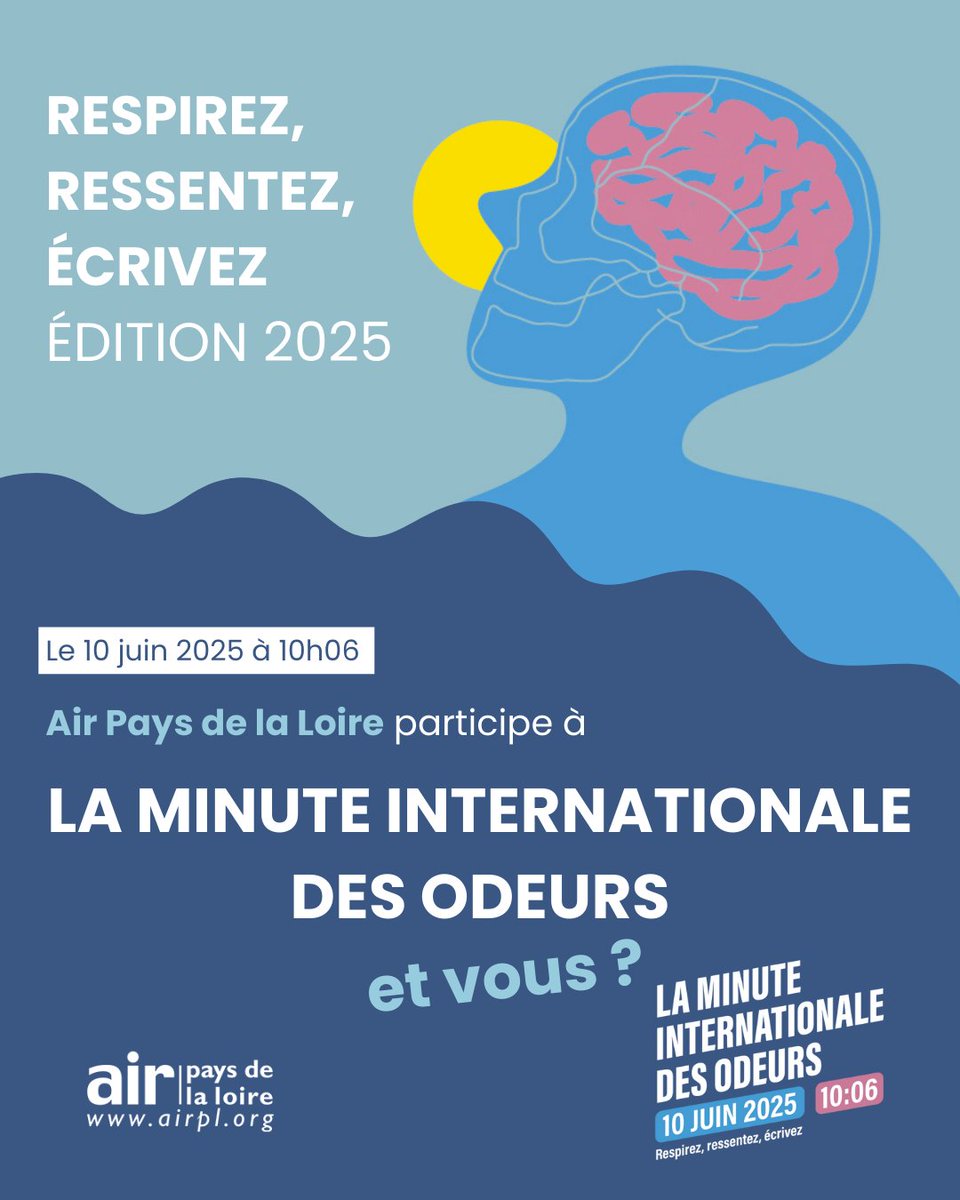 Air Pays de la Loire (@airpl_org) on Twitter photo Et si on prenait une minute pour sentir l’air autour de nous ?
Le 10 juin, c’est la Minute internationale des odeurs ! organisée par <a href="/AtmoNormandie/">Atmo Normandie</a>
📣 Nous invitons les habitant·es, les classes… des Pays de la Loire à participer à cette expérience !
#odeurs #école Et si on prenait une minute pour sentir l’air autour de nous ?
Le 10 juin, c’est la Minute internationale des odeurs ! organisée par <a href="/AtmoNormandie/">Atmo Normandie</a>
📣 Nous invitons les habitant·es, les classes… des Pays de la Loire à participer à cette expérience !
#odeurs #école
