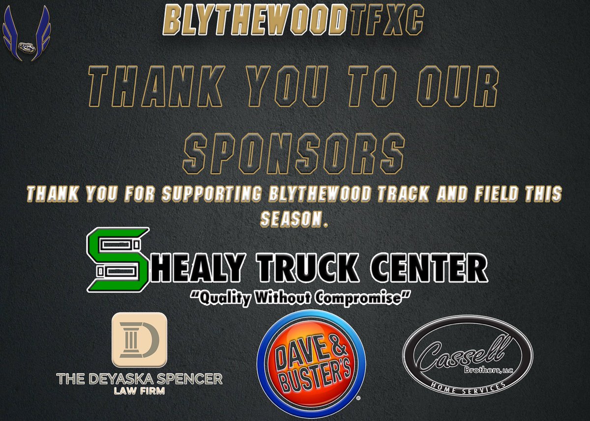 Blythewood Bengals TFXC (@blythewoodtfxc) on Twitter photo Thank you to our sponsors for supporting us throughout this season.
<a href="/DeyaskaSpencer/">Deyaska Spencer Sweatman</a>
<a href="/ShealyTruck/">Shealy Truck Center</a>
<a href="/DaveandBusters/">Dave & Buster's</a> (Cola, SC)
Cassell Brothers
#BlythewoodTFXC
#BengalNation
#Track
#TrackLife
#TrackAndField Thank you to our sponsors for supporting us throughout this season.
<a href="/DeyaskaSpencer/">Deyaska Spencer Sweatman</a>
<a href="/ShealyTruck/">Shealy Truck Center</a>
<a href="/DaveandBusters/">Dave & Buster's</a> (Cola, SC)
Cassell Brothers
#BlythewoodTFXC
#BengalNation
#Track
#TrackLife
#TrackAndField