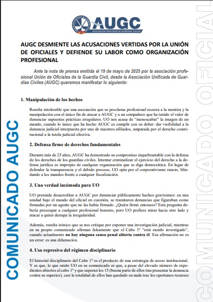 AUGC DESMIENTE LAS ACUSACIONES VERTIDAS POR LA UNIÓN DE OFICIALES Y DEFIENDE SU LABOR COMO ORGANIZACIÓN PROFESIONAL