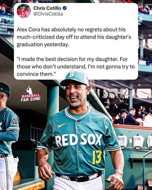 travisakers's tweet photo. Despite criticism from internet randos, shout out to Red Sox manager Alex Cora for stepping away from the dugout to attend his daughter’s graduation. That’s what it’s all about. Wins and losses come and go, but moments like these, seeing your child cross the stage, are forever.

In a world that never seems to slow down, Cora reminded us all of what really matters. Family. Showing up for the people we love.

Take a moment today to check in with your people. Celebrate their wins. Be present. Because tomorrow is never promised.