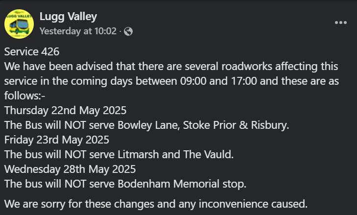 Update from Lugg Valley Travel:
