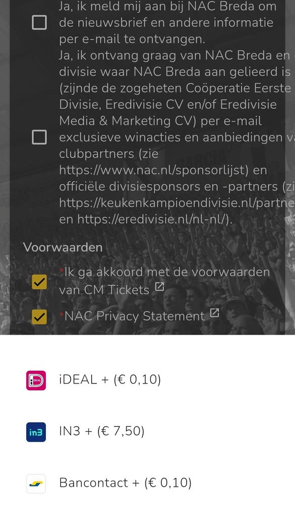 Ik heb me hier vorig jaar onevenredig over op lopen winden, en dit jaar stoor ik me er weer aan... Betaal je bijna €500 voor een SCC op B3 met 1912, wordt er ook nog  10 cent aan iDEAL kosten in rekening gebracht. <a href="/NACnl/">NAC Breda 💛🖤</a> dit kan toch anders? #NACpraat