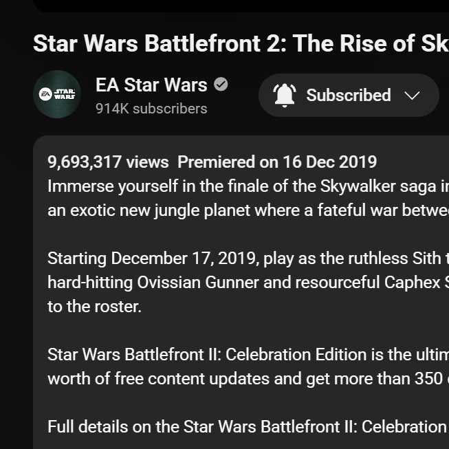 A7ZATRU's tweet image. The Battlefront 2 Battle of Geonosis Trailer has just hit 7 million views! 

The Rise of Skywalker Trailer is approaching 10 million.
Lot of people commenting on the old Battlefront trailers this past week driving up the views again.