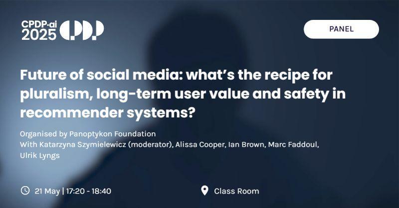panoptykon's tweet photo. Are you in Brussels at #CPDP2025 today? Visit our panel! Let's talk about the future & interoperability on social media.
More: https://t.co/S2y8aqdVy1
@Szymielewicz | moderator
@alissacooper
@MarcFaddoul | @aiforensics_org
@ulyngs | @CompSciOxford
Ian Brown | @fgv
@jonathanstray https://t.co/UWsVSqA8lE